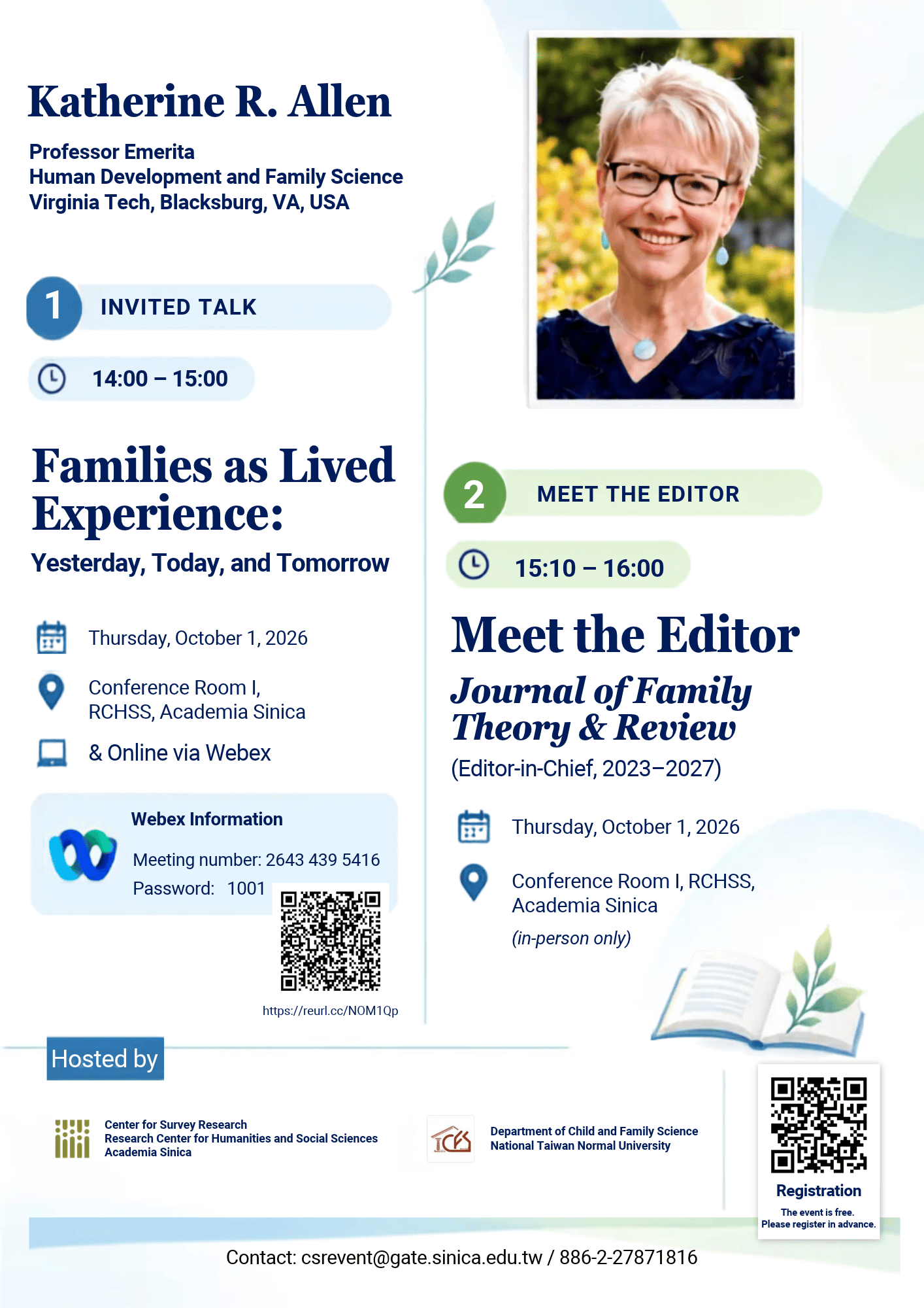 【專題演講暨座談】Professor Katherine R. Allen：Families as Lived Experience (10/1)